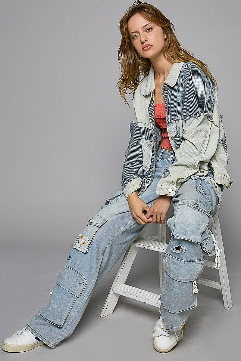 POL Contrast Pinstripe Fabric Button Down Shacket Jacket