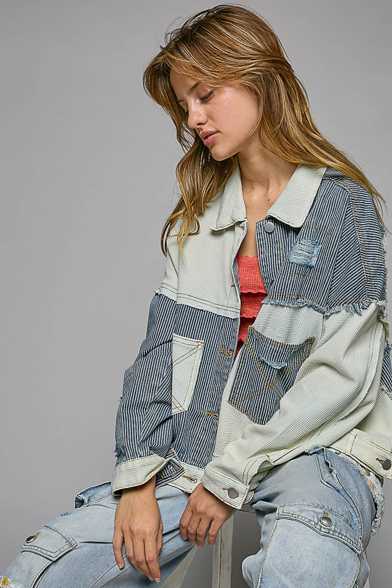 POL Contrast Pinstripe Fabric Button Down Shacket Jacket