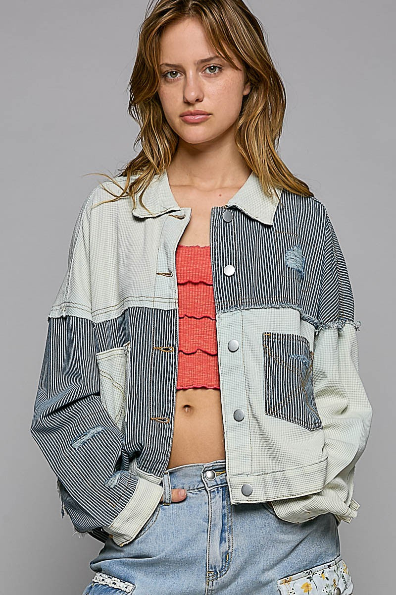 POL Contrast Pinstripe Fabric Button Down Shacket Jacket