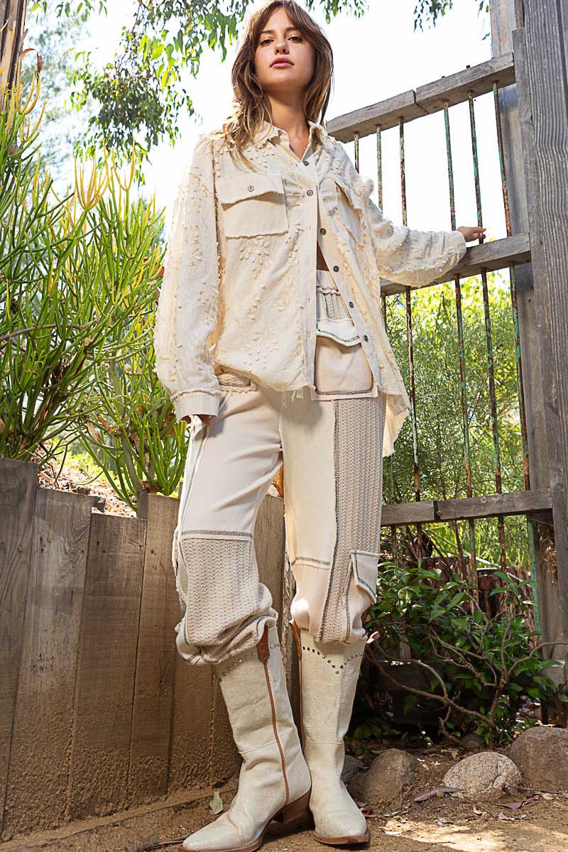 POL Contrast Twill Embroidered Button Down Shirt Top