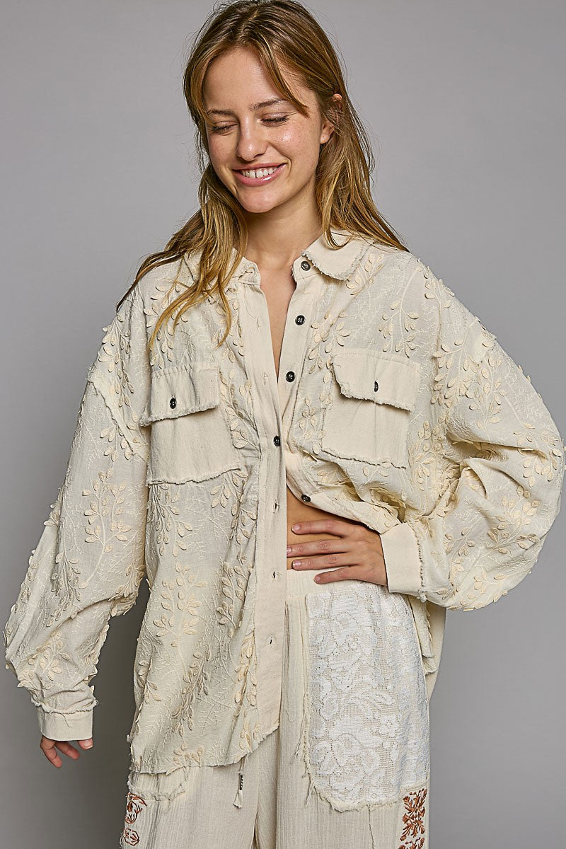 POL Contrast Twill Embroidered Button Down Shirt Top