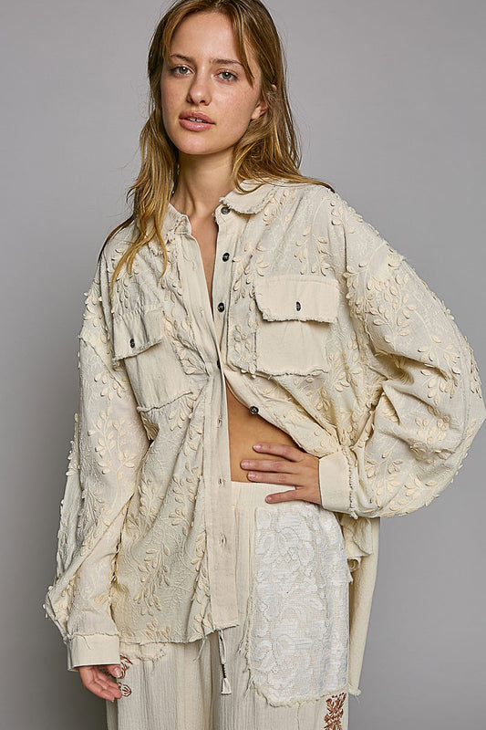 POL Contrast Twill Embroidered Button Down Shirt Top