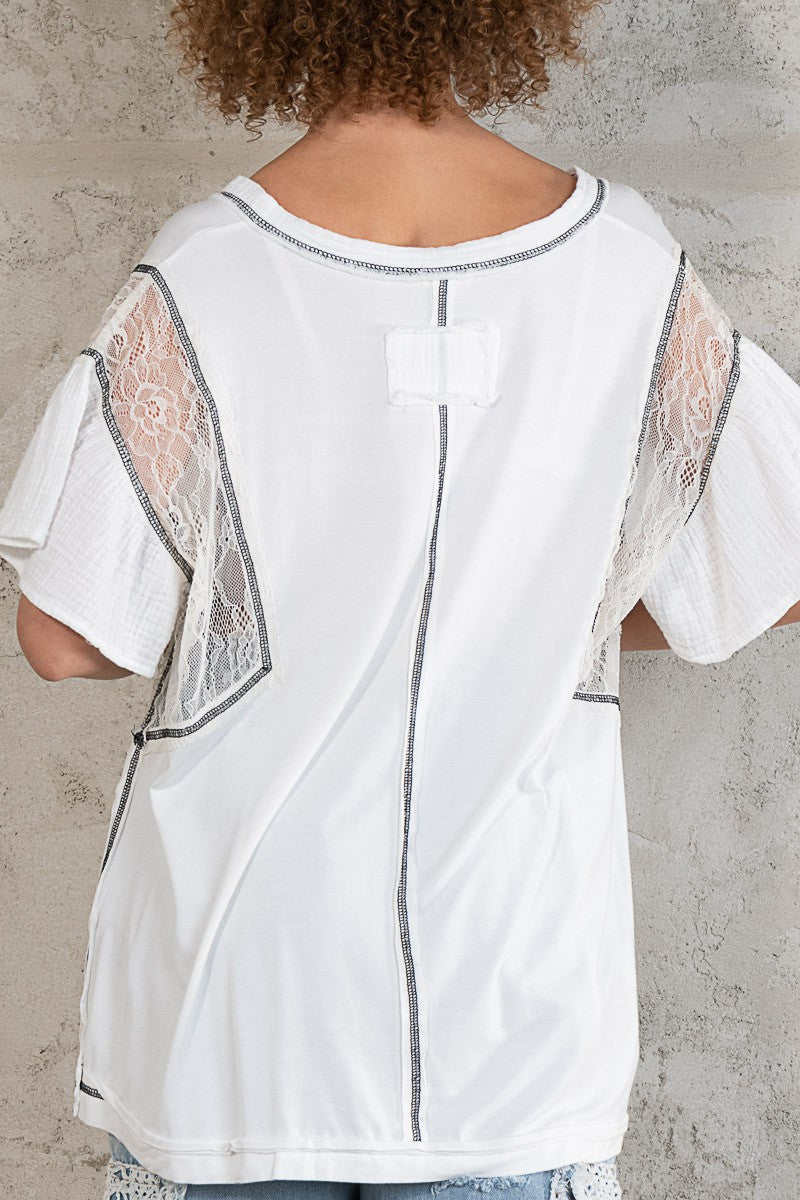 POL Relaxed Fit Ruffle Lace Mix Knit Short Sleeve V-Neck Jersey Top - Roulhac Fashion Boutique