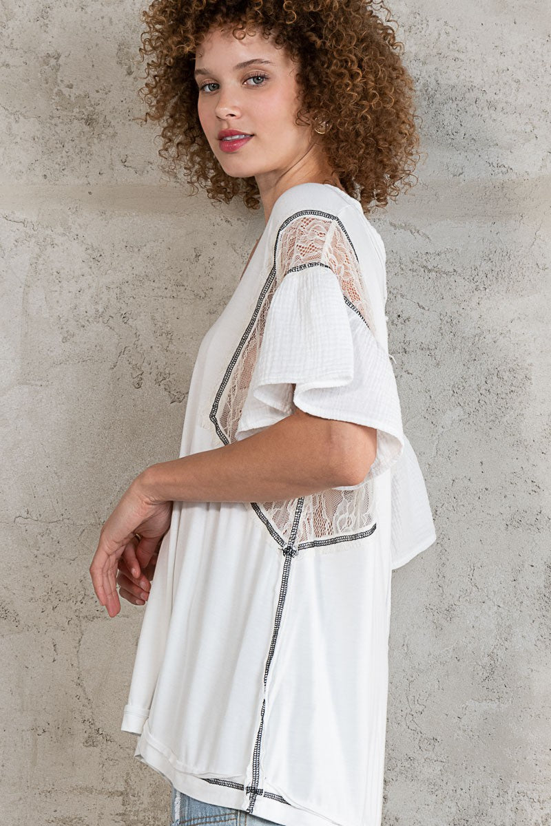 POL Relaxed Fit Ruffle Lace Mix Knit Short Sleeve V-Neck Jersey Top - Roulhac Fashion Boutique