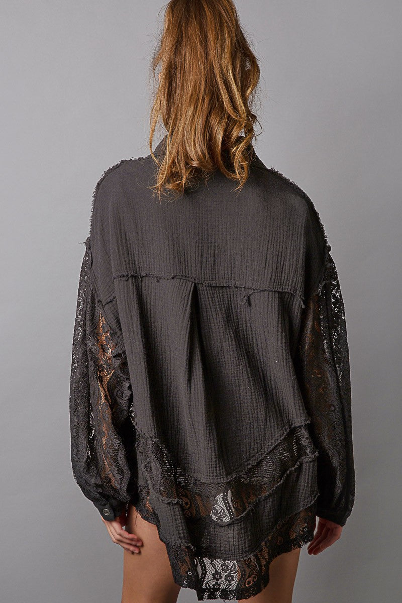 POL Oversize Lace Sleeve Contrast Button Down Shirt Top