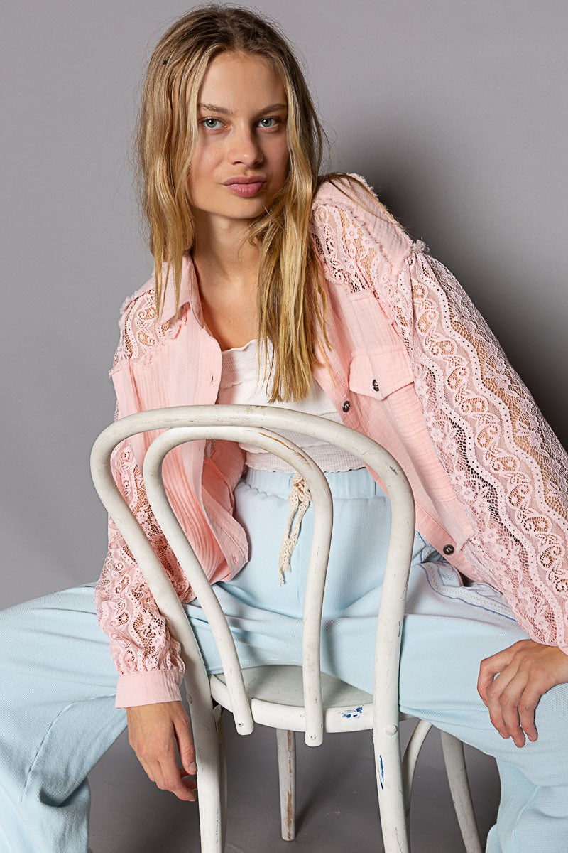 POL Oversize Lace Sleeve Contrast Button Down Shirt Top