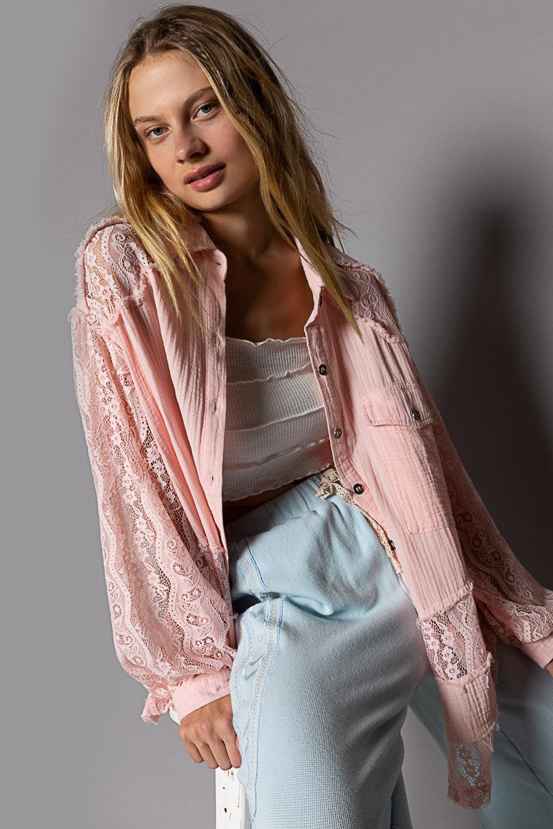 POL Oversize Lace Sleeve Contrast Button Down Shirt Top