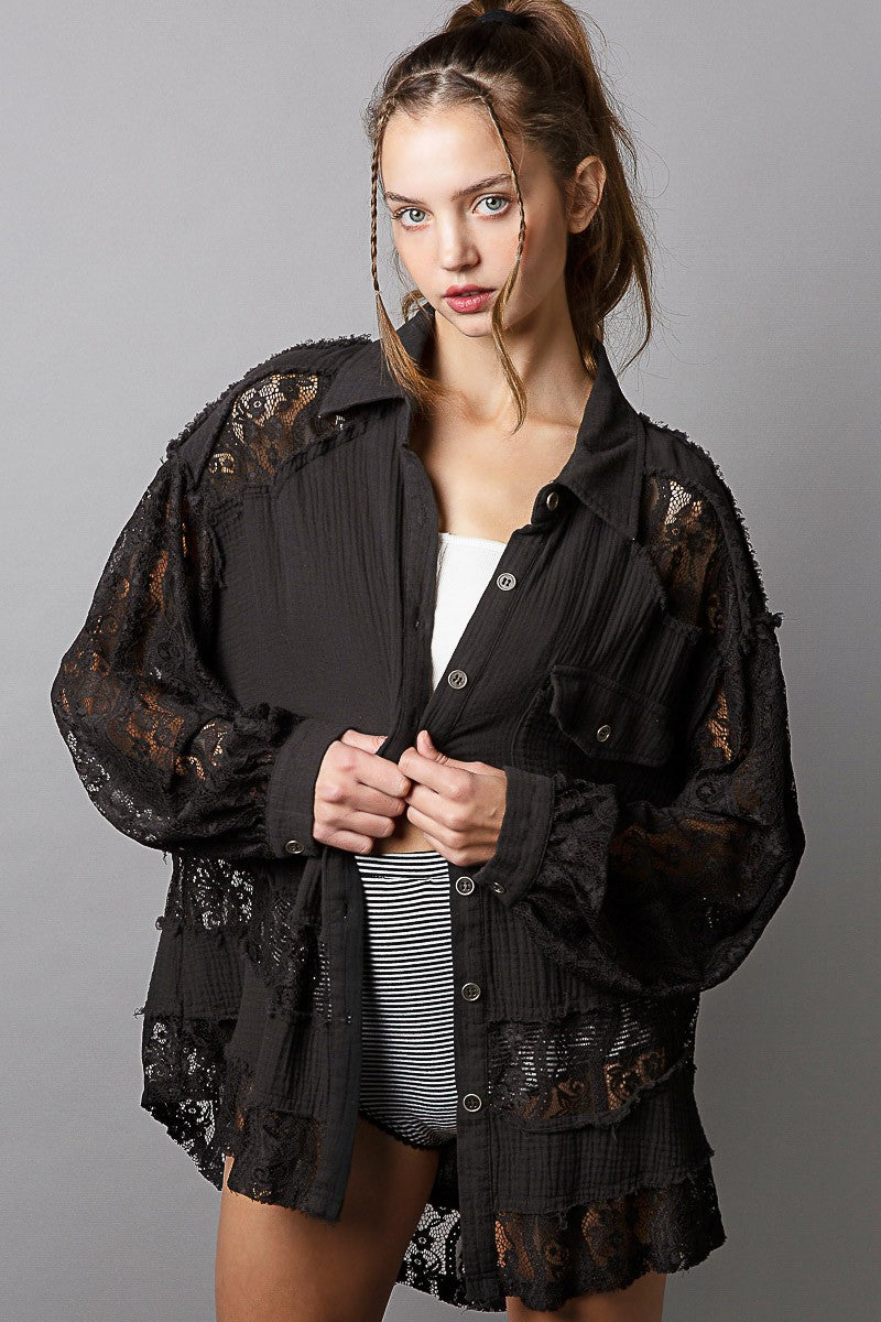 POL Oversize Lace Sleeve Contrast Button Down Shirt Top