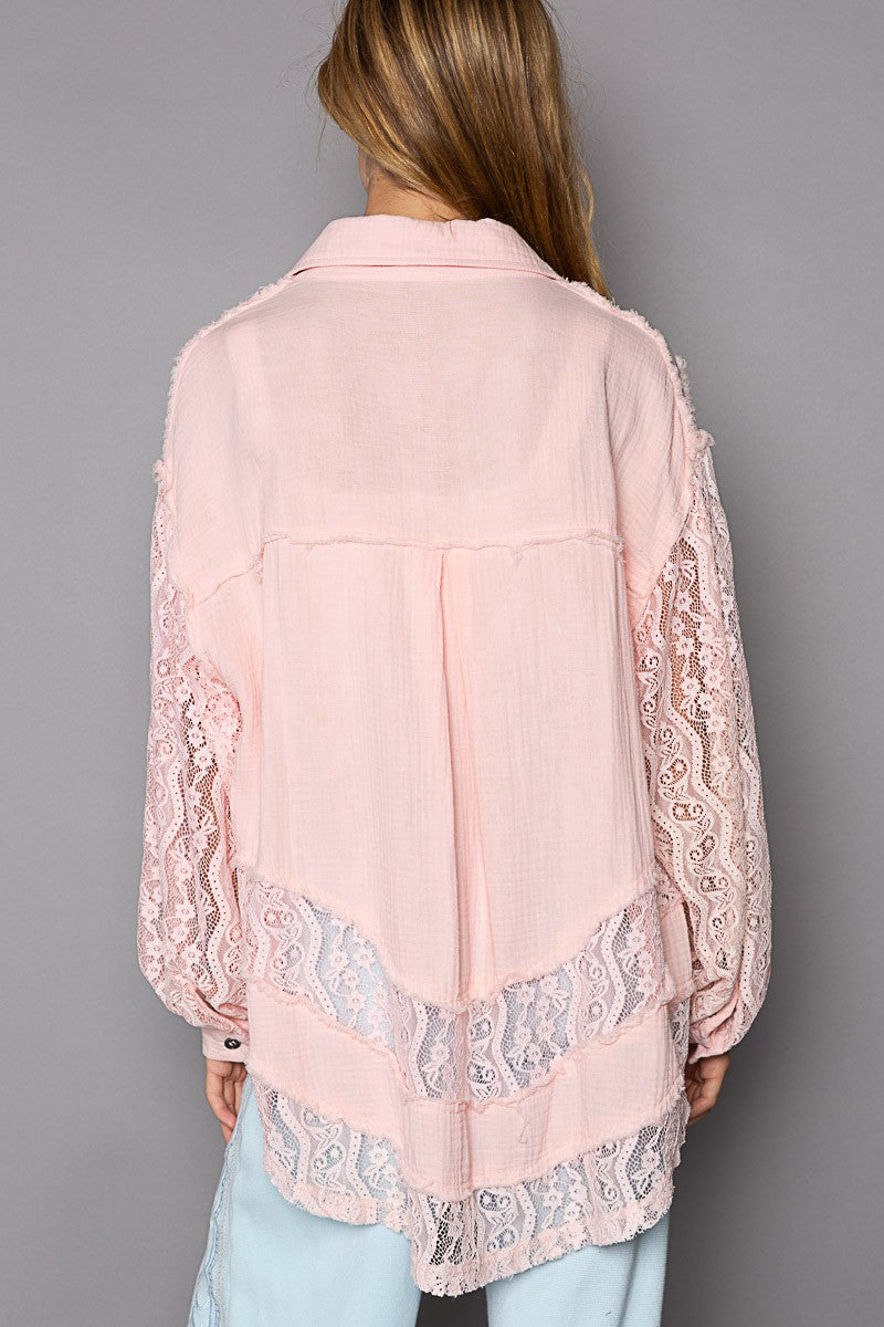 POL Oversize Lace Sleeve Contrast Button Down Shirt Top