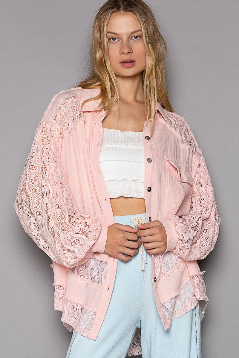POL Oversize Lace Sleeve Contrast Button Down Shirt Top