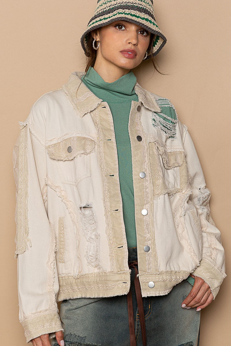 POL Relaxed Fit Back Lettering Distressed Shacket Jacket