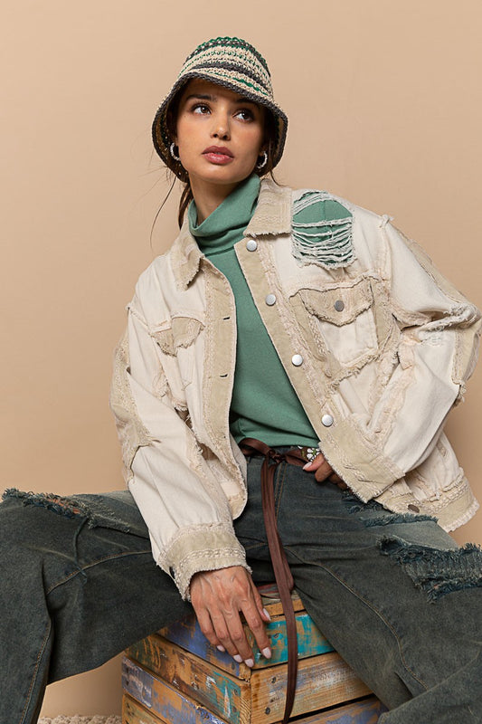 POL Relaxed Fit Back Lettering Distressed Shacket Jacket
