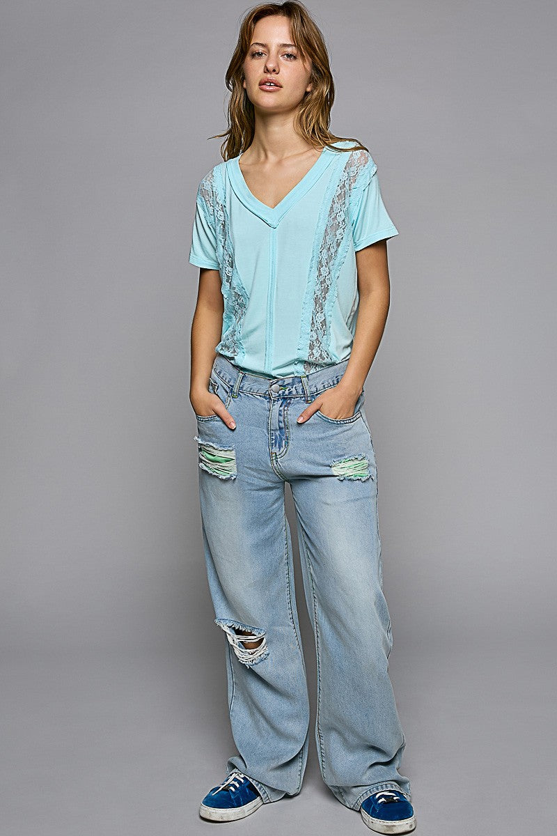 POL Inset Lace Outseam Details Short Sleeve V Neck Tee Top