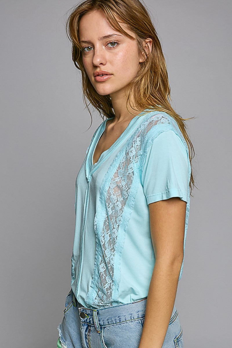 POL Inset Lace Outseam Details Short Sleeve V Neck Tee Top