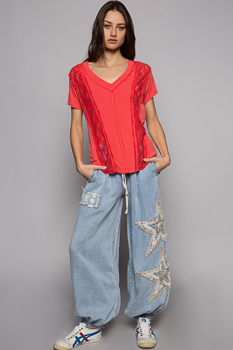 POL Inset Lace Outseam Details Short Sleeve V Neck Tee Top