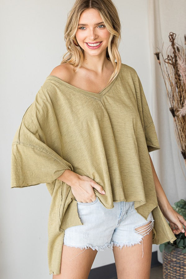 Oli & Hali Mineral Washed V Neck Boxy Raw Hem Tee Top