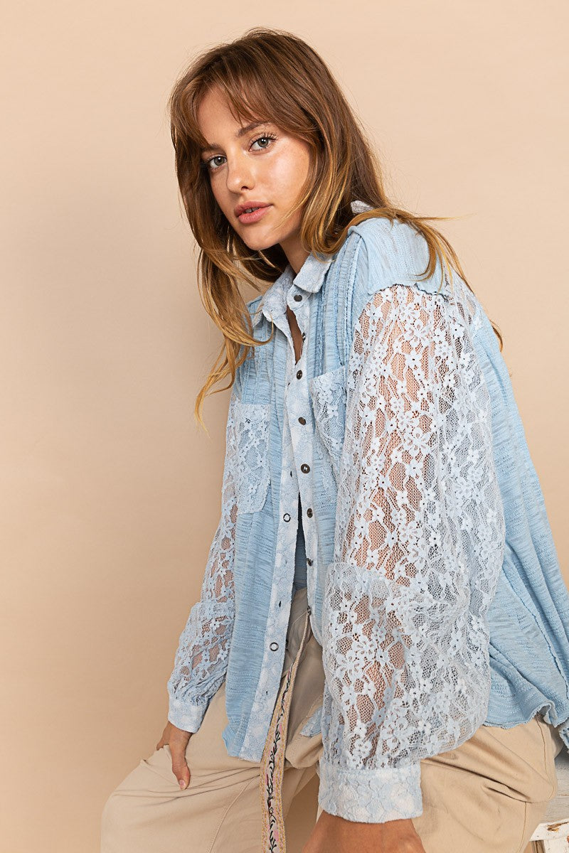 POL Textured Pin Tuck Contrast Lace Button Down Shirt Top