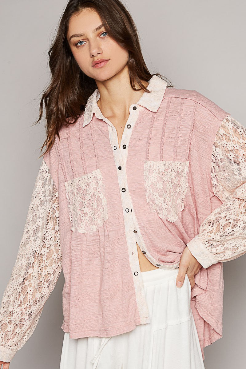 POL Textured Pin Tuck Contrast Lace Button Down Shirt Top
