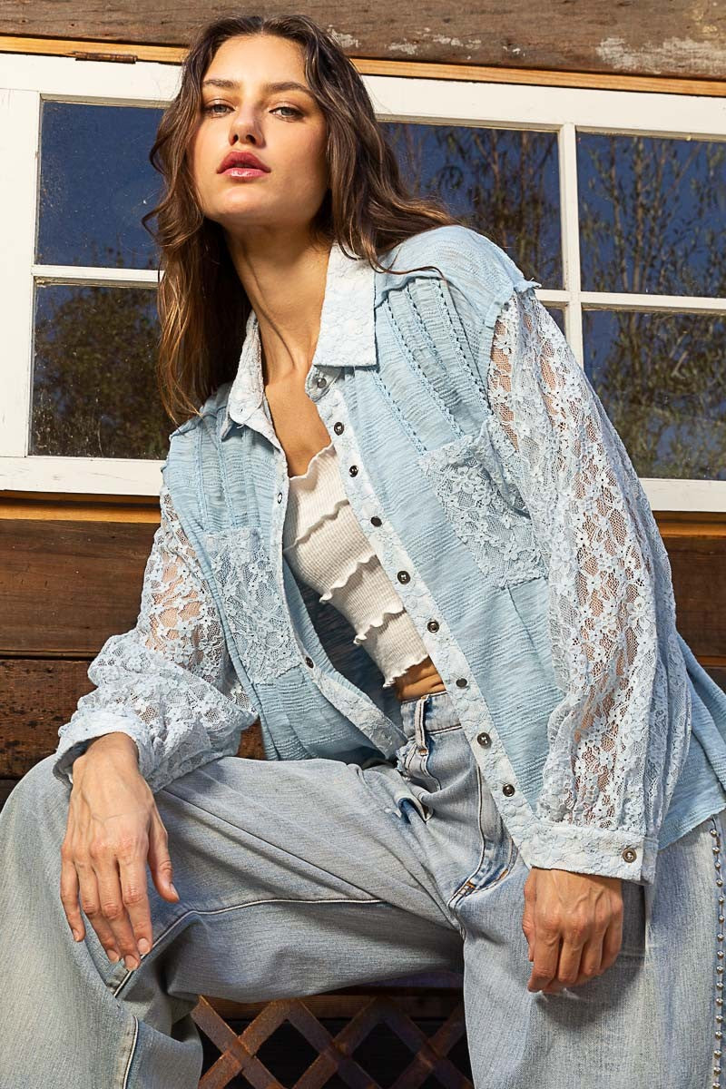 POL Textured Pin Tuck Contrast Lace Button Down Shirt Top