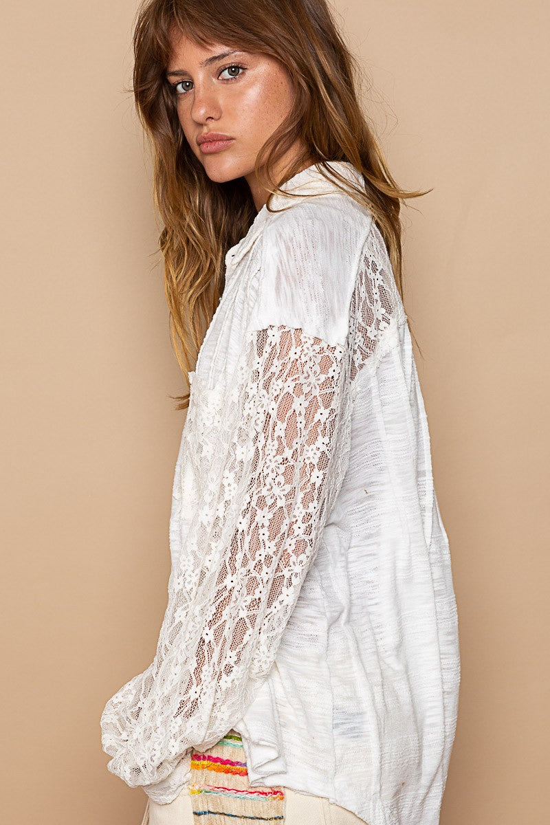 POL Textured Pin Tuck Contrast Lace Button Down Shirt Top