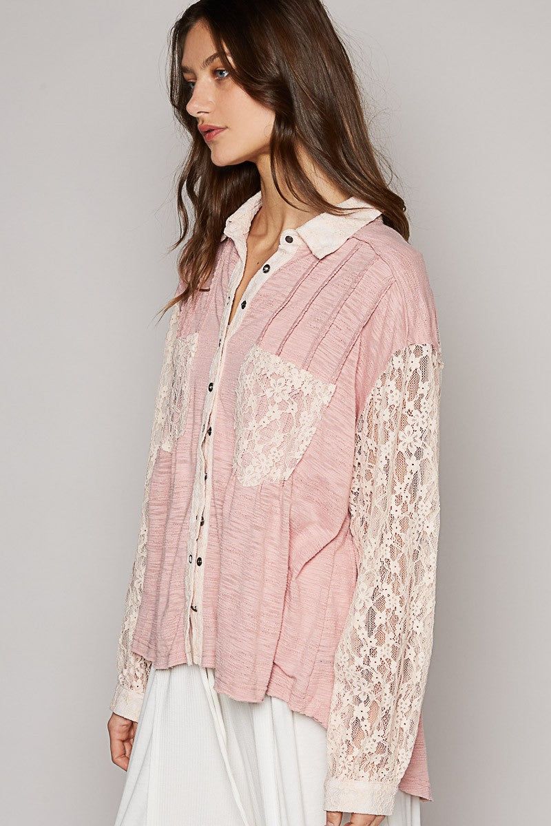 POL Textured Pin Tuck Contrast Lace Button Down Shirt Top
