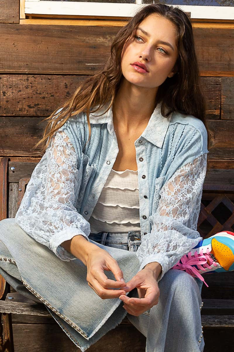 POL Textured Pin Tuck Contrast Lace Button Down Shirt Top