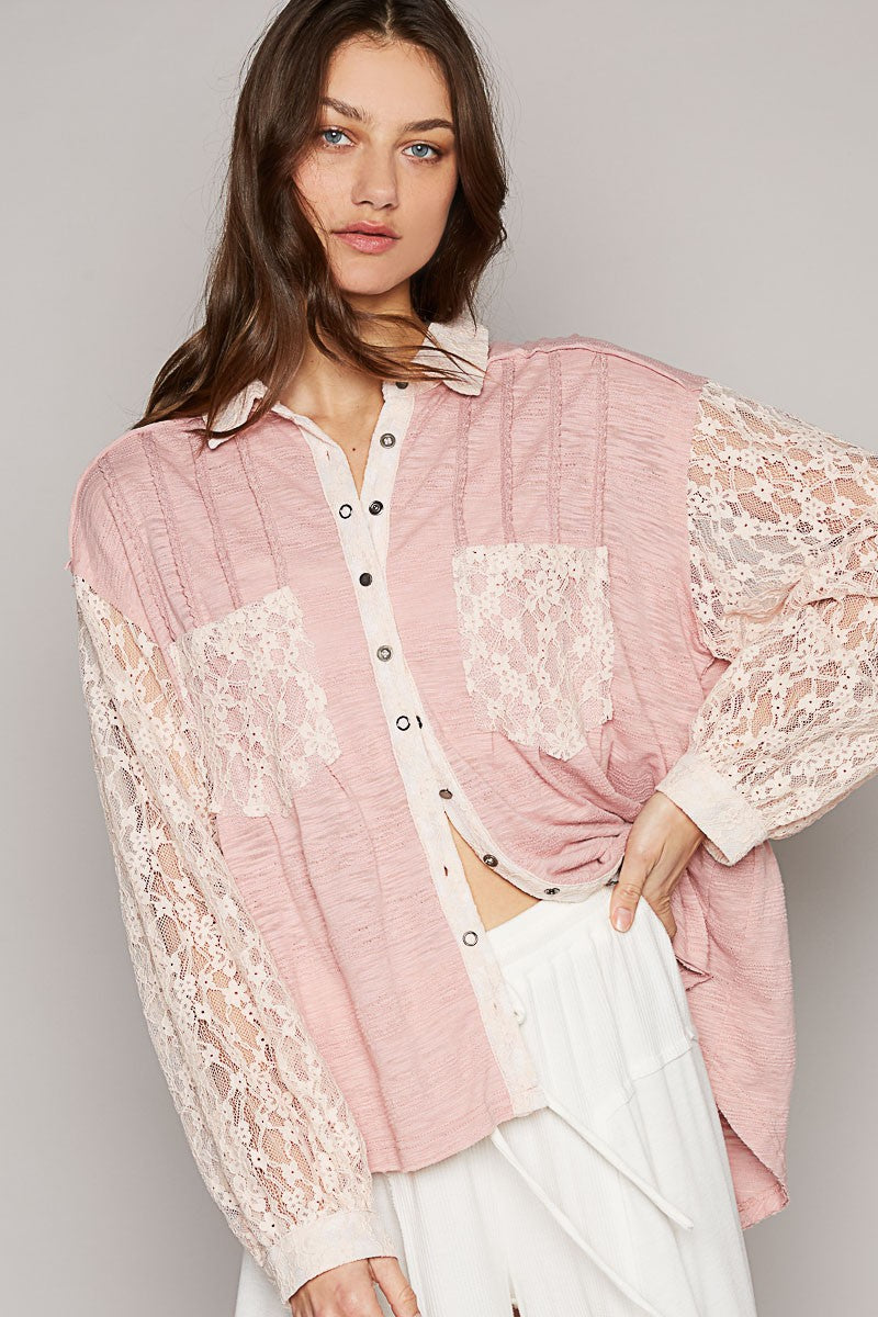 POL Textured Pin Tuck Contrast Lace Button Down Shirt Top