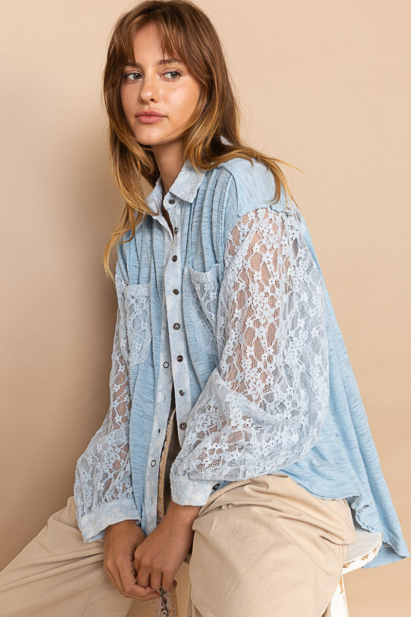 POL Textured Pin Tuck Contrast Lace Button Down Shirt Top