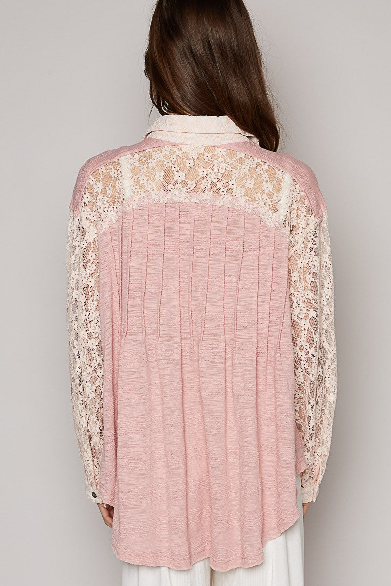 POL Textured Pin Tuck Contrast Lace Button Down Shirt Top