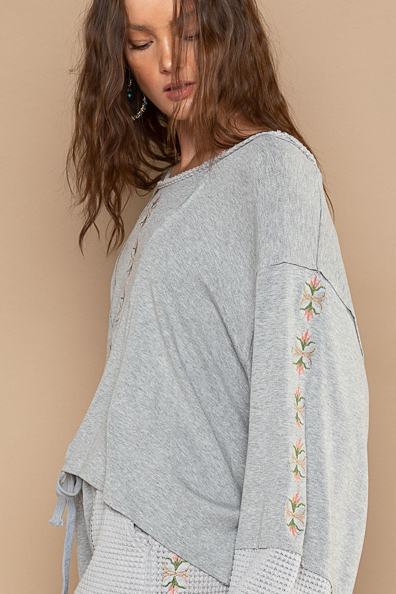 Pol Oversize Balloon Sleeve Wide Neck Embroidered Boat Neck Top - Roulhac Fashion Boutique