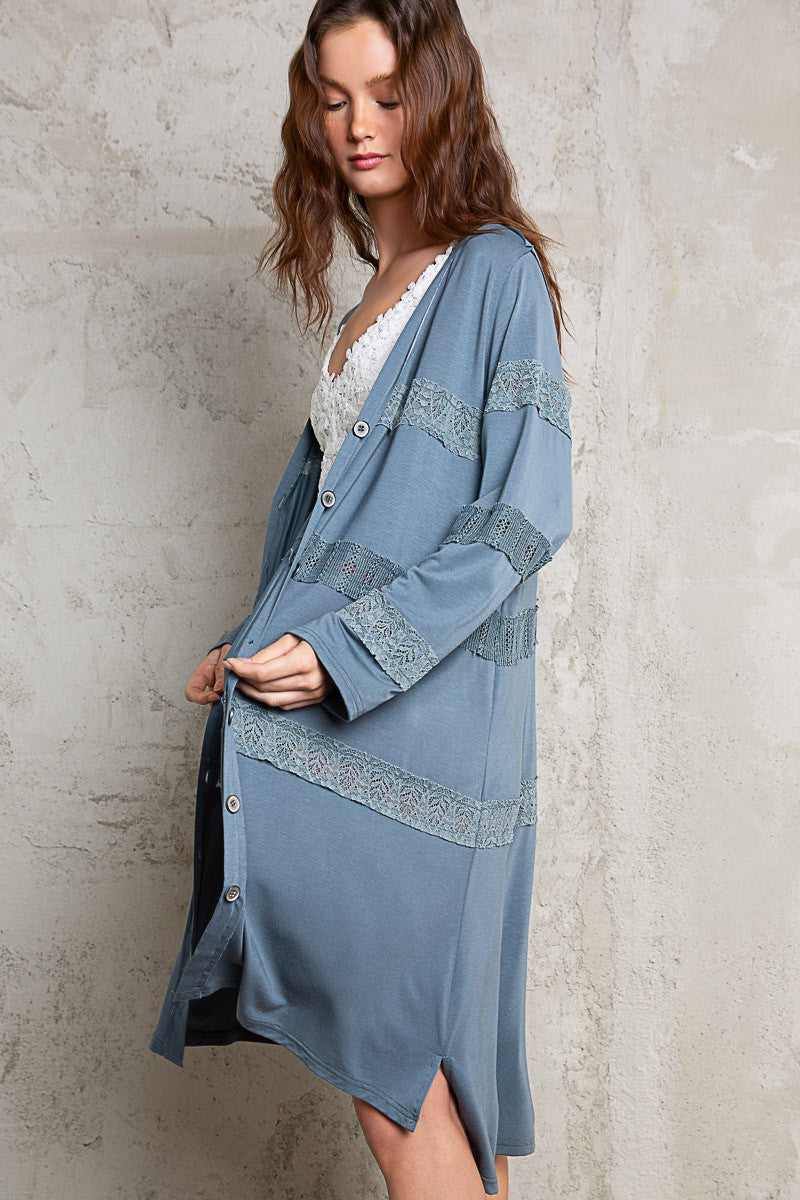 POL Button Front Lace Insets Layering Oversize Body Tunic Top - Roulhac Fashion Boutique