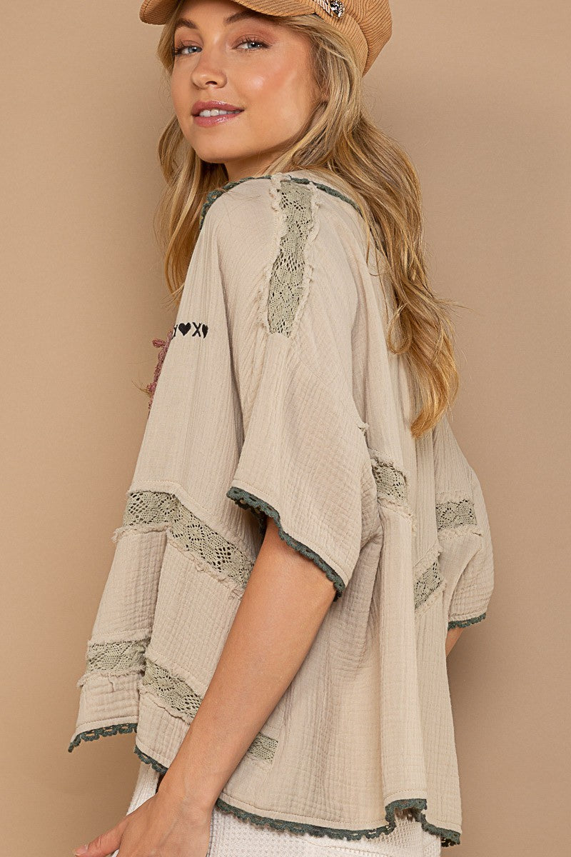 POL Oversize Gauze Dropped Shoulder 1/2 Sleeve Shirt Top