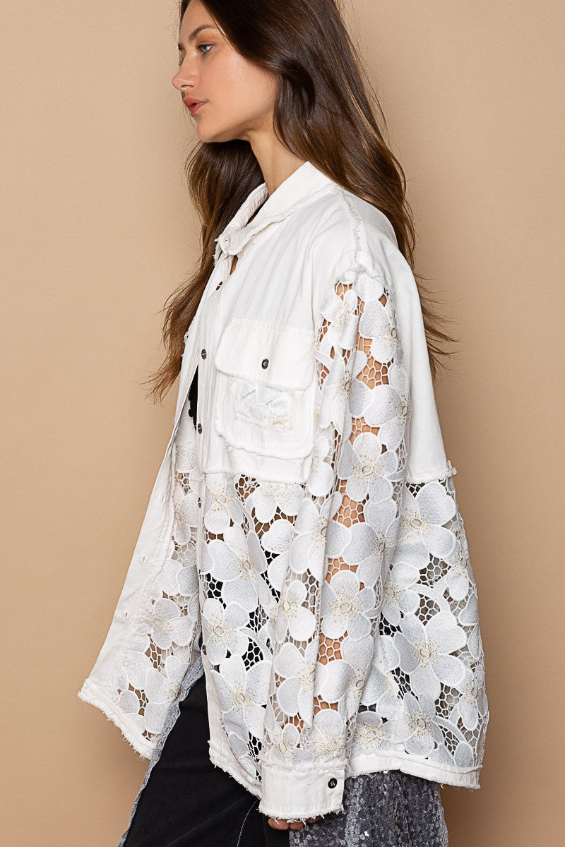 POL Oversize Lace Crochet Floral Pattern Shirt  Top