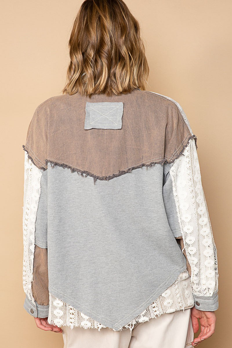 POL Oversize Thermal Contrast Lace Crochet Button Down Shirt Jacket