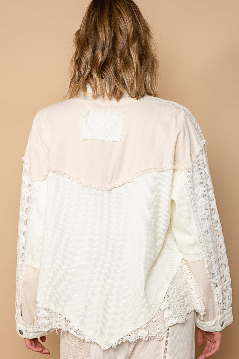 POL Oversize Contrast Lace Crochet Button Down Long Sleeve Shirt Jacket