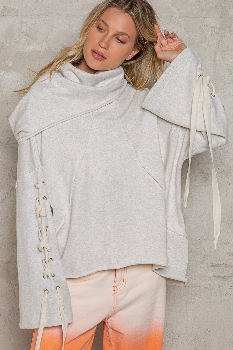 POL Oversize Hooded Cowl Neck Tie Detail Sleeve Top