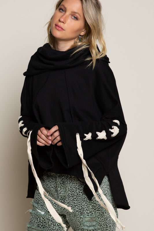 POL Oversize Hooded Cowl Neck Tie Detail Sleeve Top