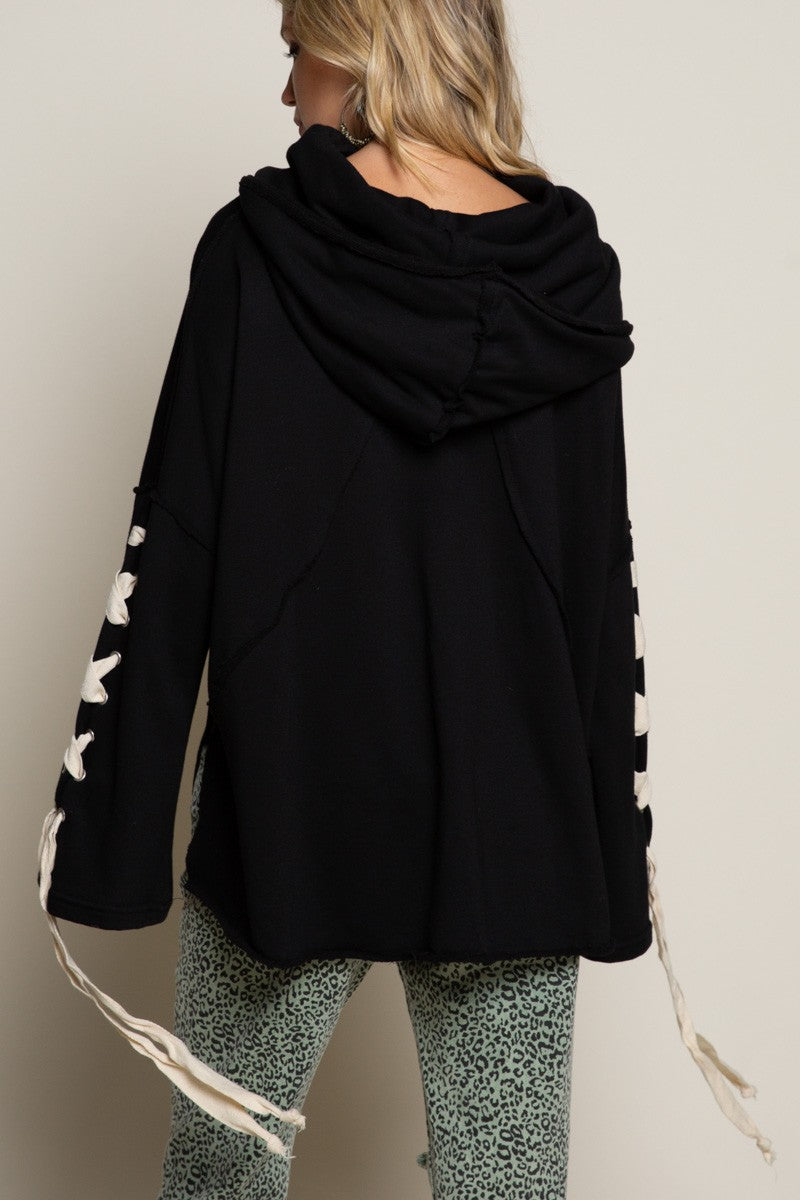 POL Oversize Hooded Cowl Neck Tie Detail Sleeve Top