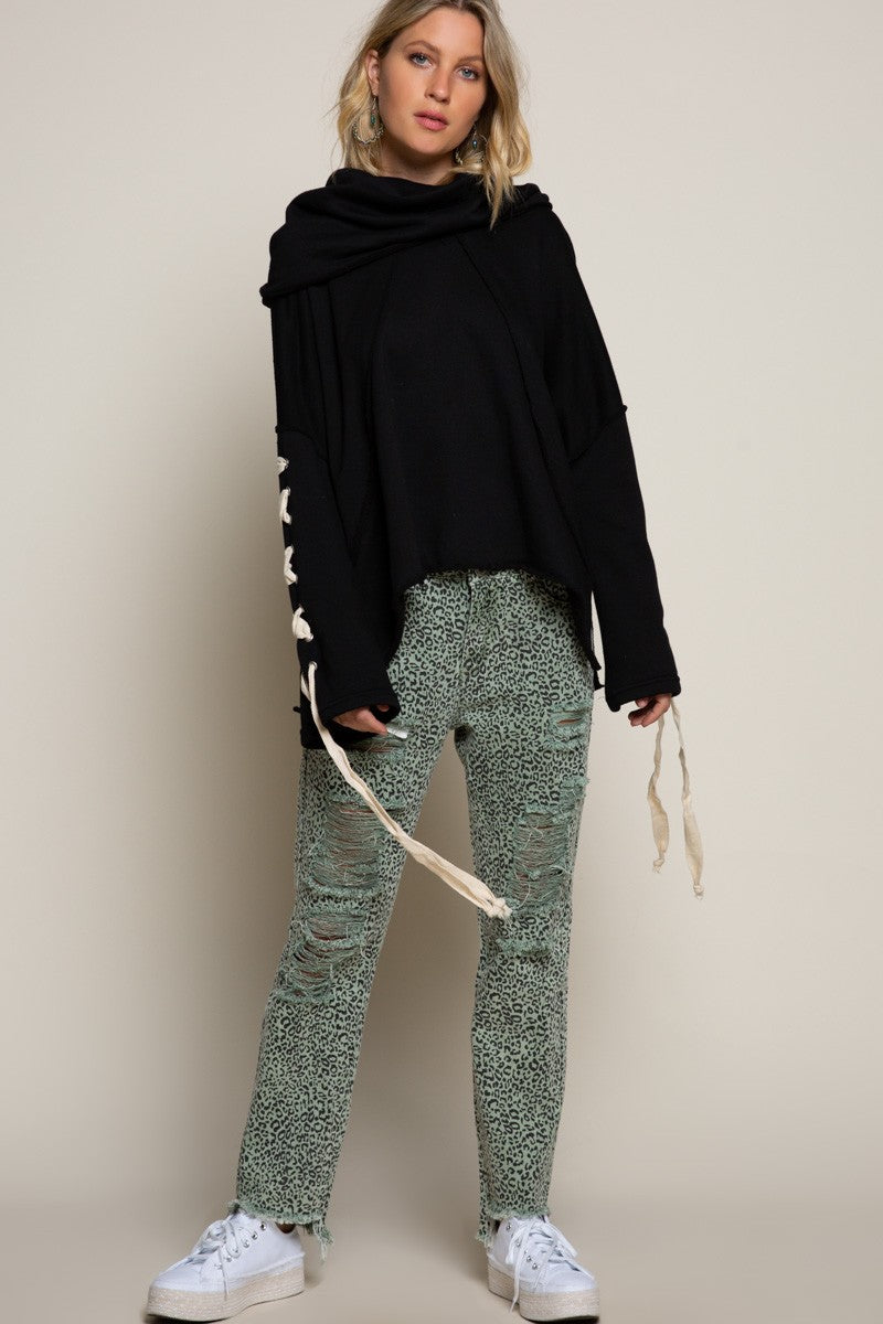 POL Oversize Hooded Cowl Neck Tie Detail Sleeve Top