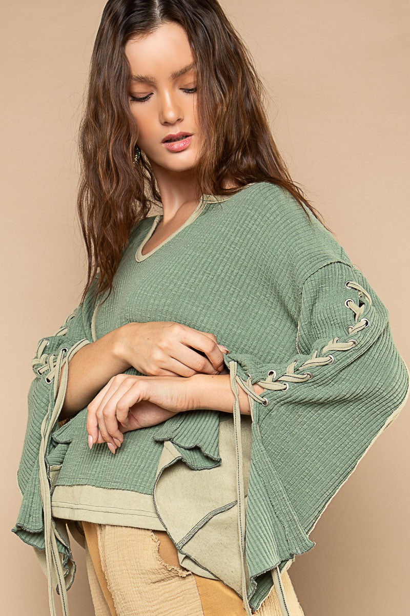 POL Notched Neck Lace-Up Sleeve Color Block Knit Top