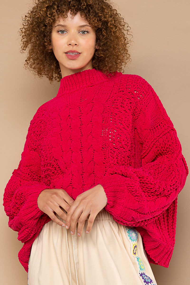 POL Mock Neck Balloon Sleeve Cable Knit Sweater Top