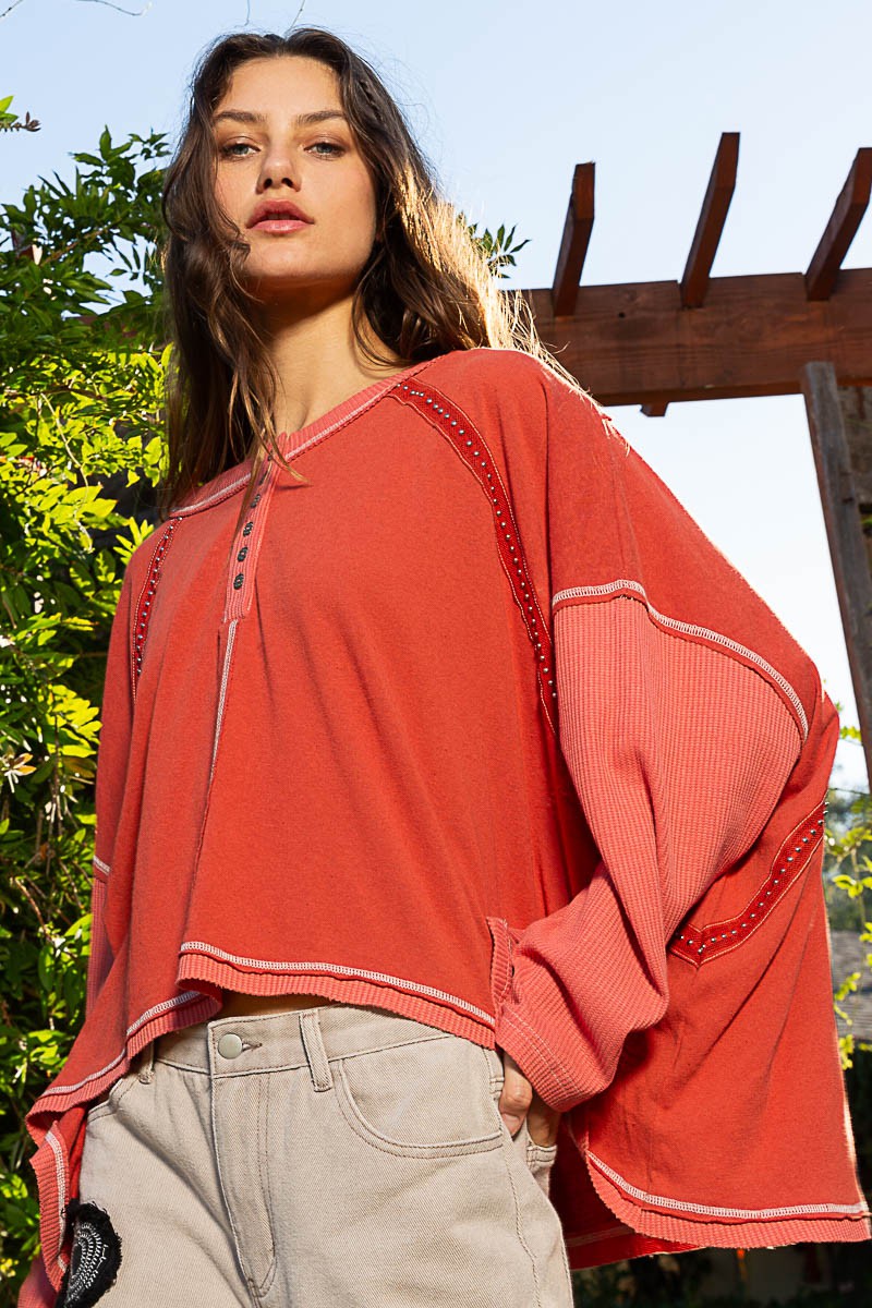 POL Oversize Placket Long Sleeve Studded Trim Knit Top