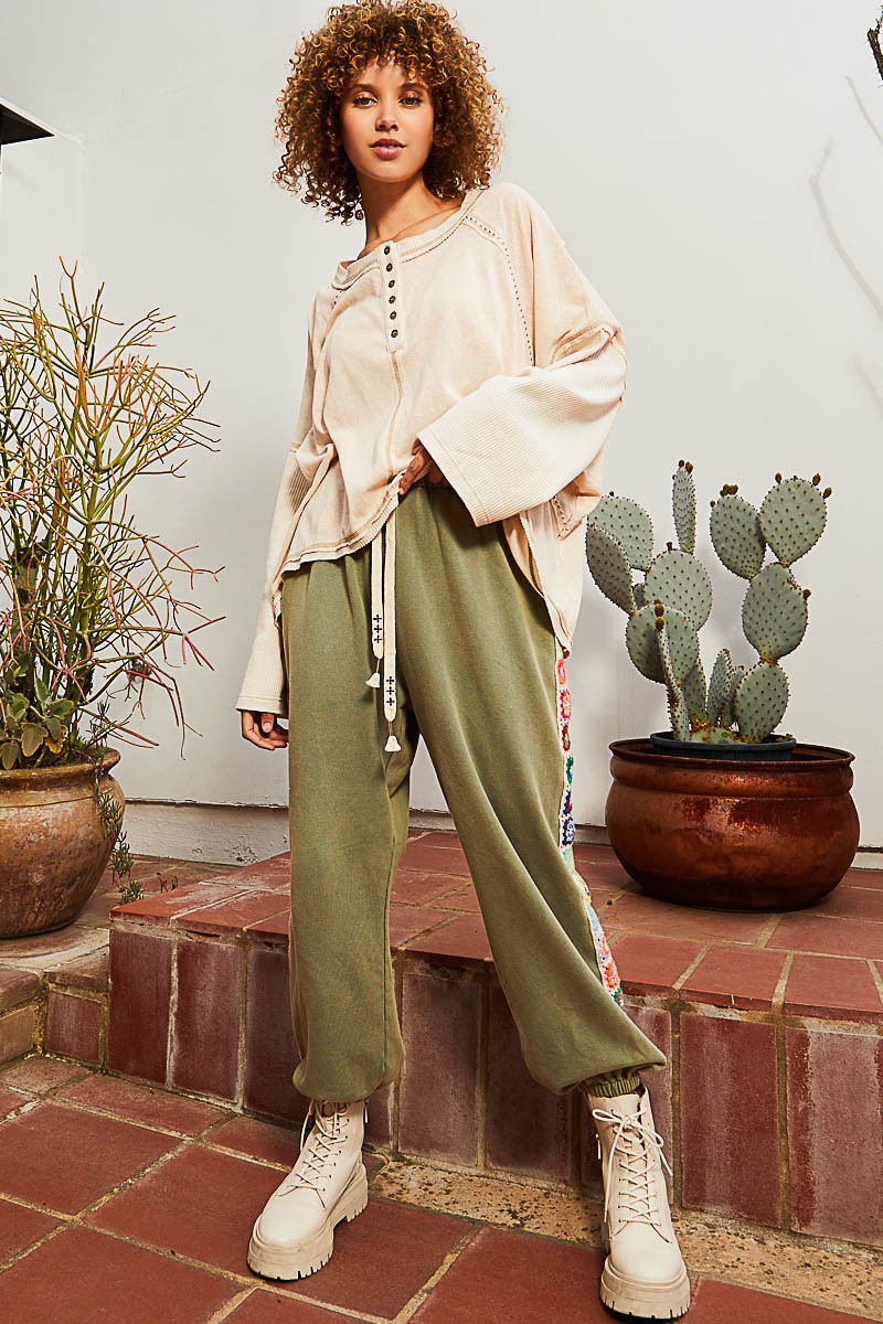 POL Oversize Placket Long Sleeve Studded Trim Knit Top