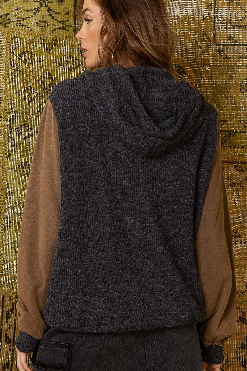 POL Contrast Square Patch Pattern Hooded Zipper Oversized Fit Jacket