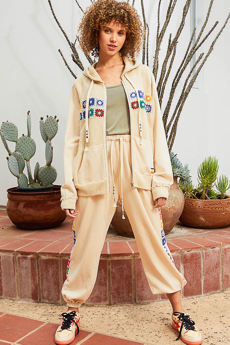 POL Contrast Square Patch Pattern Hooded Zipper Oversized Fit Jacket - Roulhac Fashion Boutique