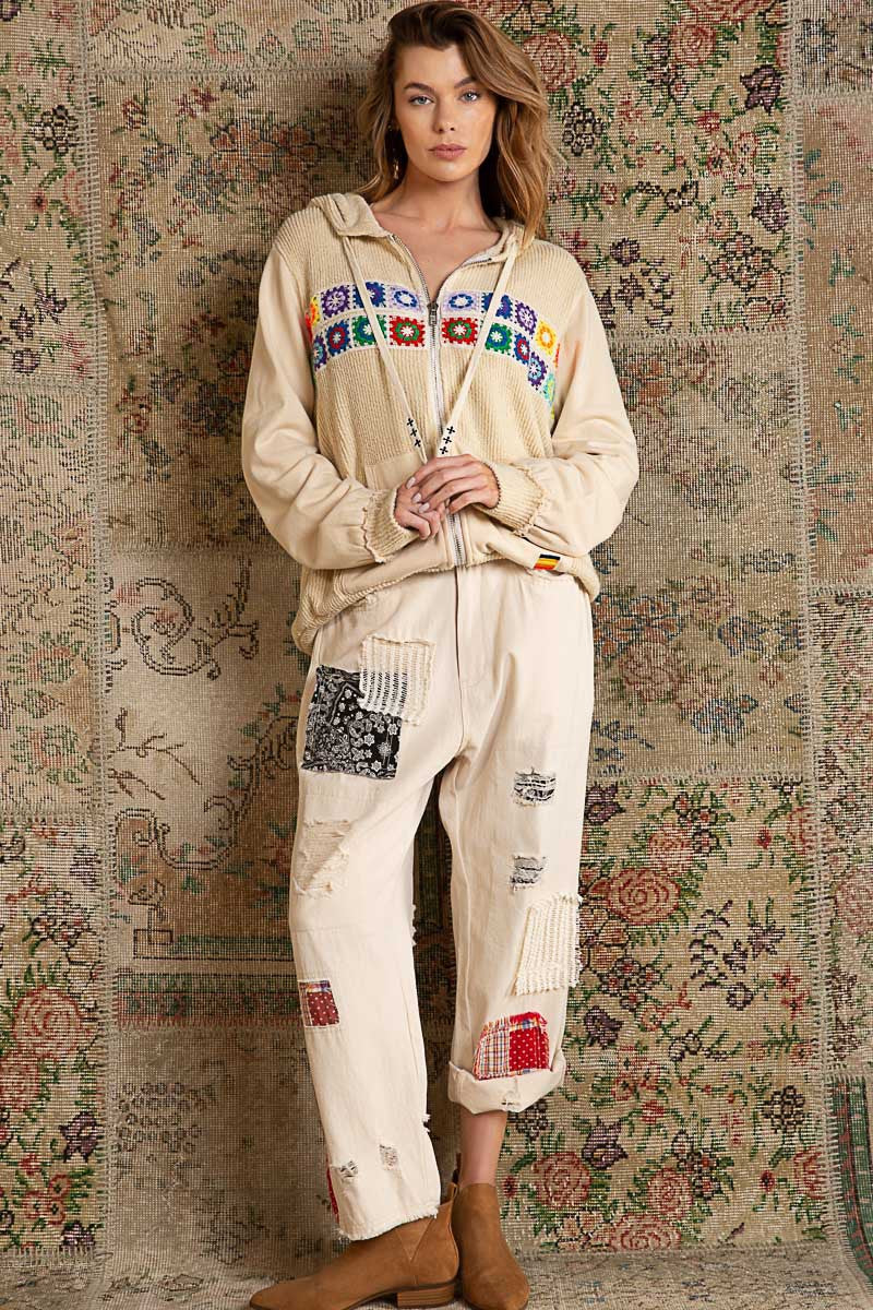 POL Contrast Square Patch Pattern Hooded Zipper Oversized Fit Jacket