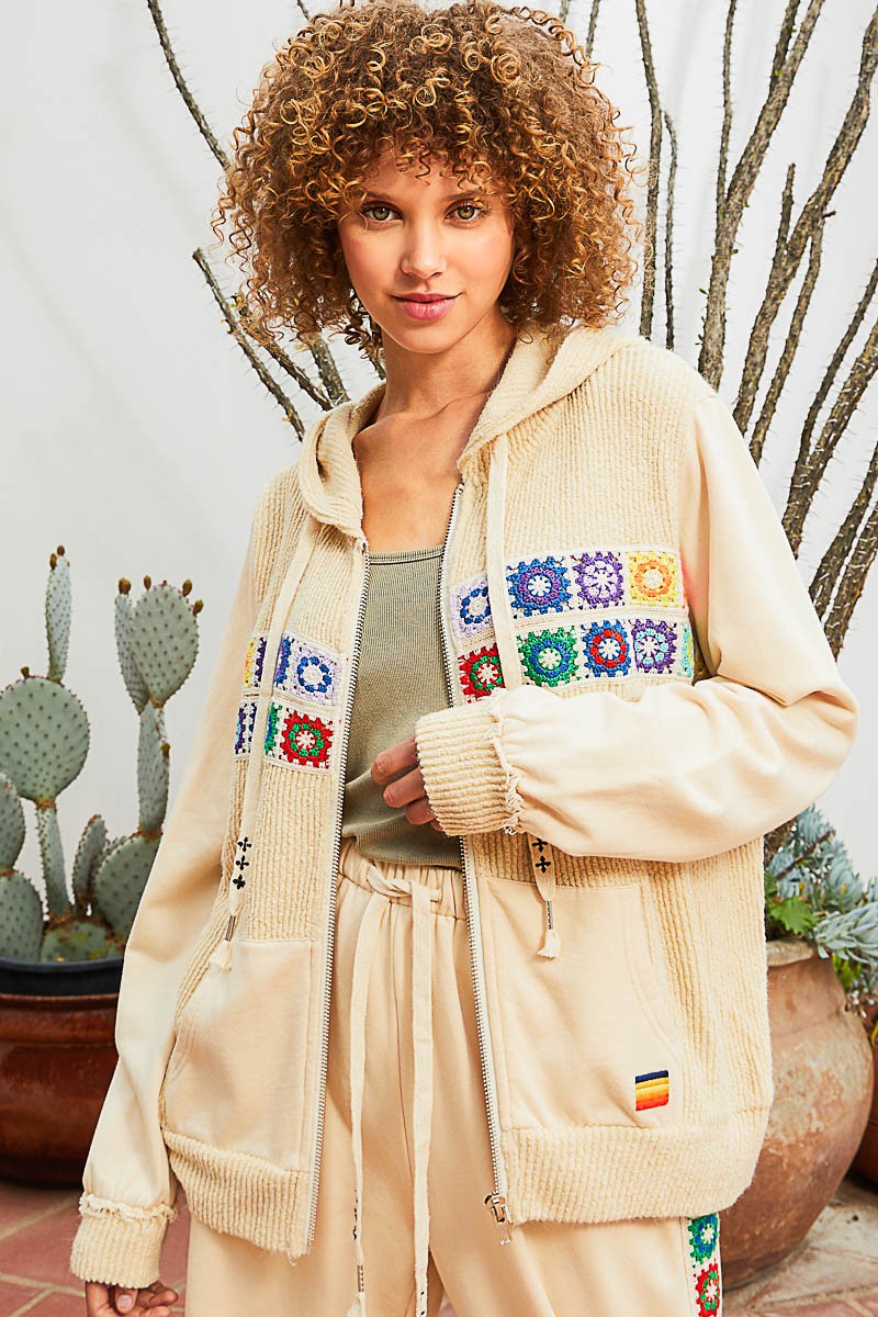 POL Contrast Square Patch Pattern Hooded Zipper Oversized Fit Jacket - Roulhac Fashion Boutique