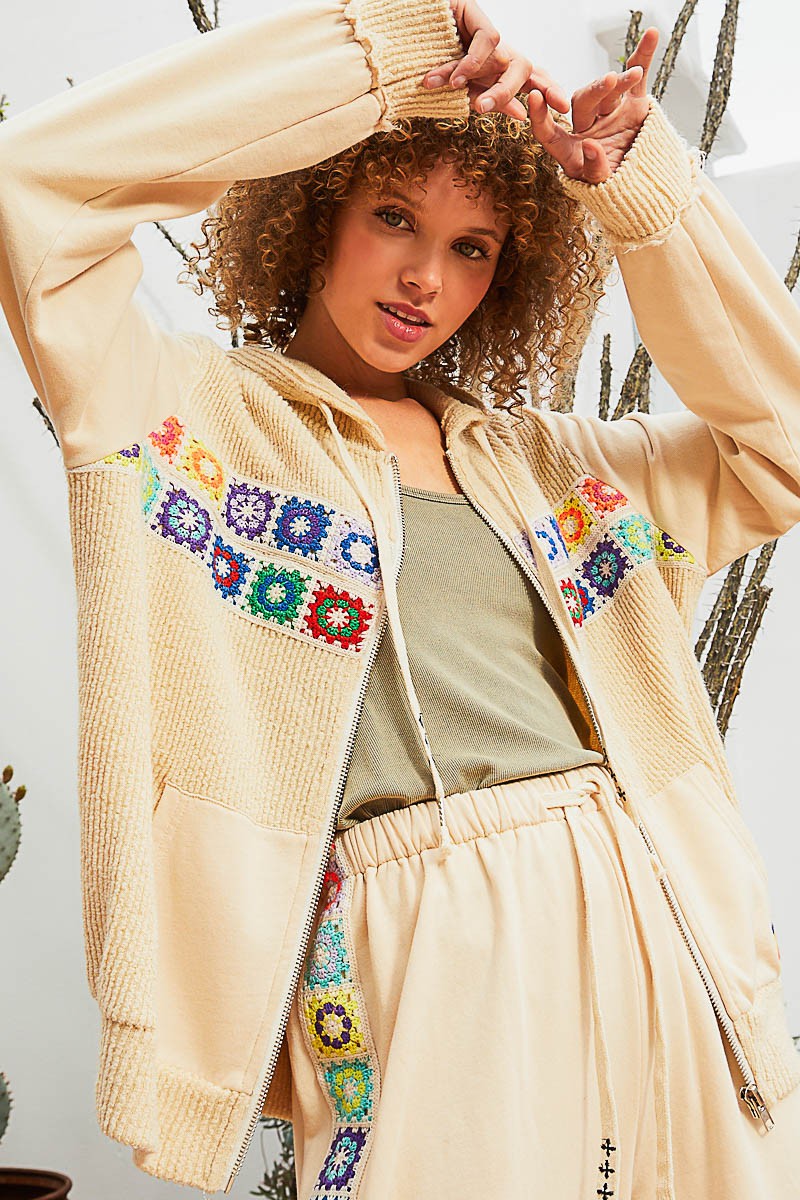 POL Contrast Square Patch Pattern Hooded Zipper Oversized Fit Jacket - Roulhac Fashion Boutique