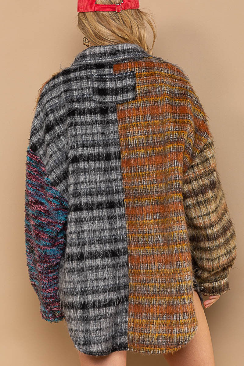 POL Multi Contrast Sweater Sleeve Brushed Plaid Collared Shacket - Roulhac Fashion Boutique