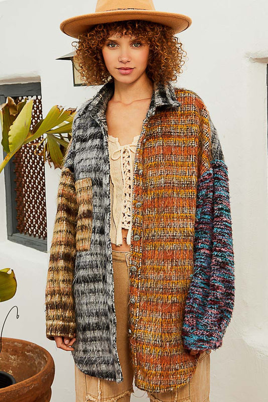 POL Multi Contrast Sweater Sleeve Brushed Plaid Collared Shacket - Roulhac Fashion Boutique